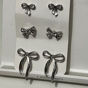 Silver Tone Bow Stud Earrings Set Dainty Bow Knot Dangle Earring Set Women‎
